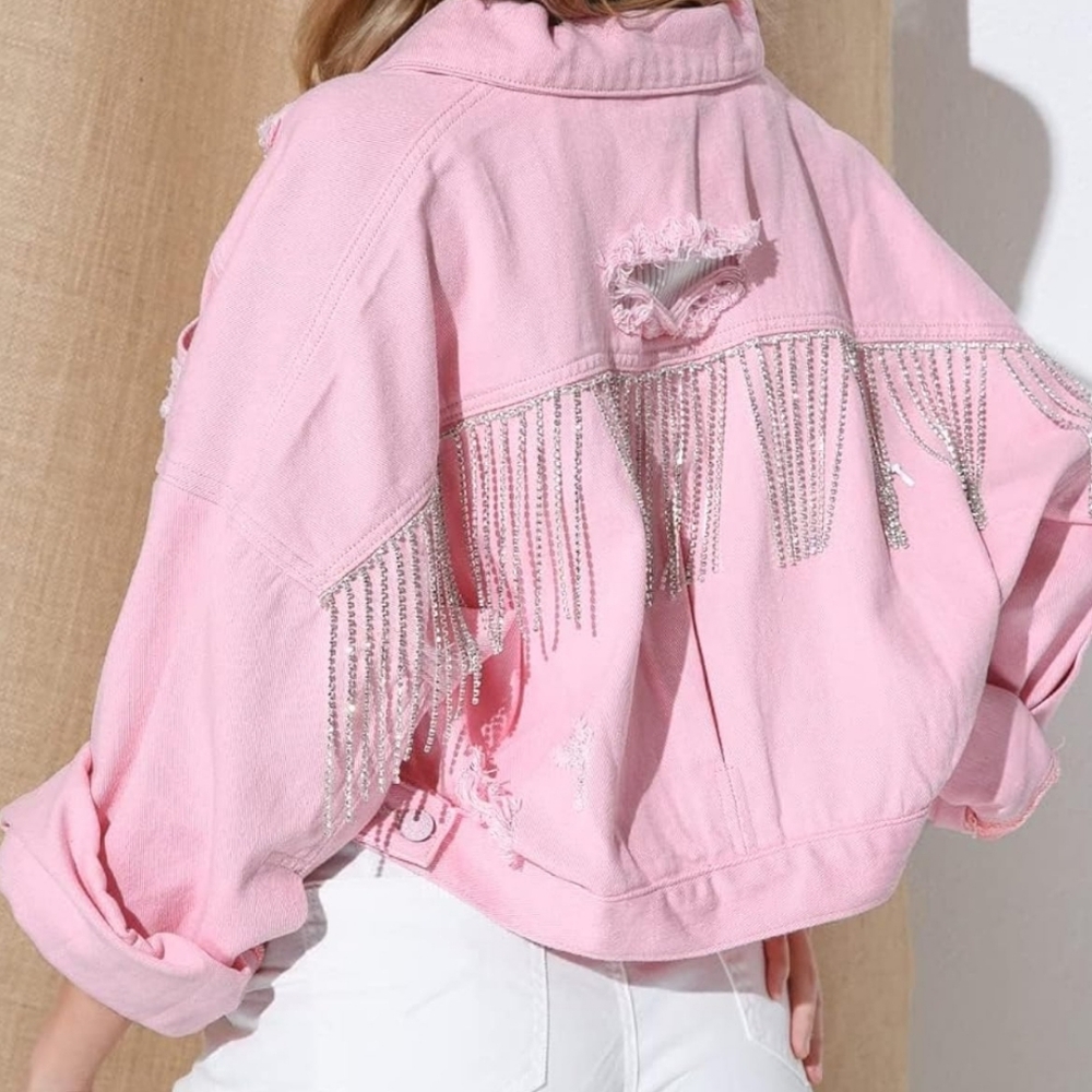 Womens Ripped Rhinestone Fringe Crop Denim Jacket - Picture 6 of 7